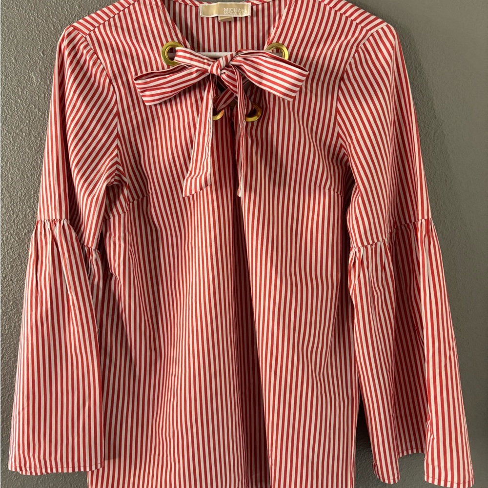 MICHAEL Michael Kors Red and White Tie Front Blouse with long sleeve